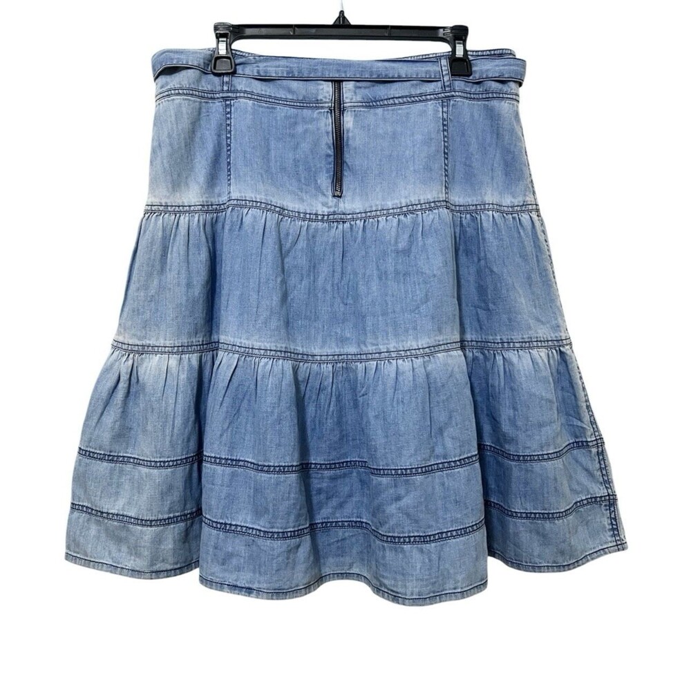 SUNDANCE Tiered Blue Denim Chambray Skirt Country Side Villa Boho Flare Size 12P - Picture 2 of 6